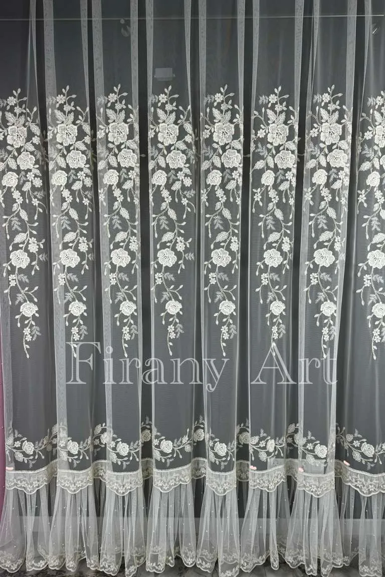 Firana z siatki grek typu włoskiego kwiaty z cyrkoniami efekt 3D