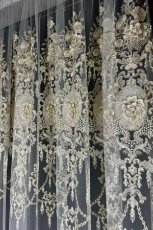 Firana siatka sanal delikatny krem ornament i kwiaty 3D