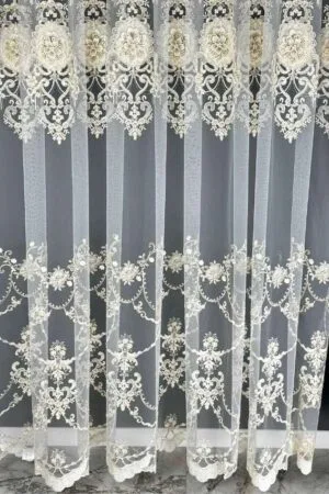 Firana siatka sanal krem delikatne ornament i kwiaty 3D