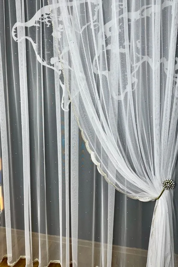 Firana K90 z cyrkoniami i perłami w śmietankowej bieli