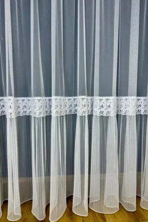 Firana biała z koronkową wstawką i perełkami - CL27