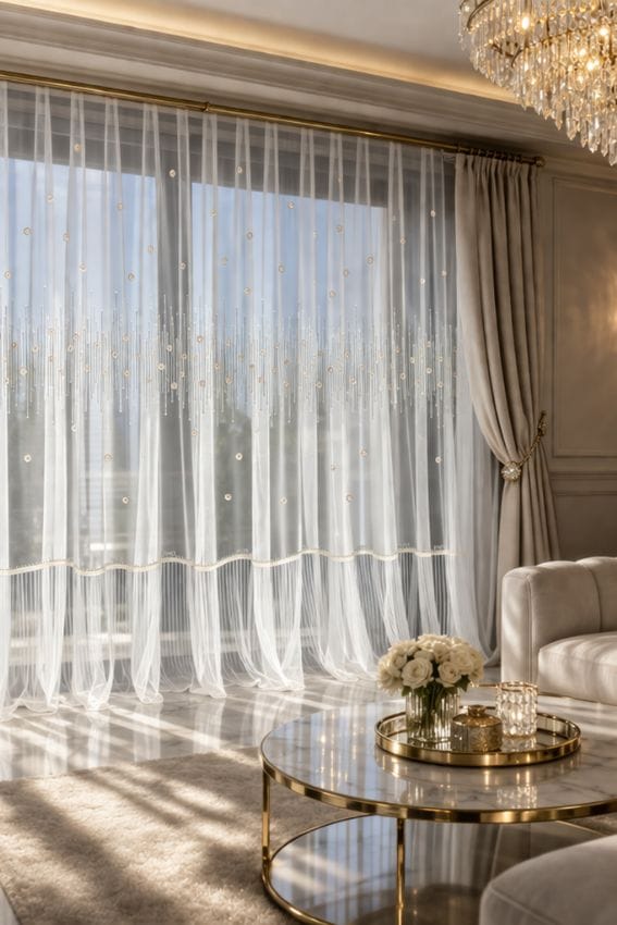 Firana Royal Rose Prestige w salonie - aranzacja